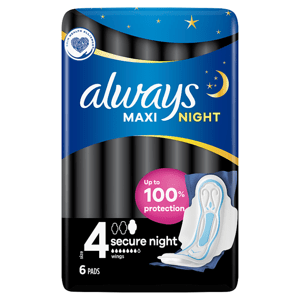 Always Maxi Secure Night Hygienické Vložky (Velikost 4) S Křidélky 6ks
