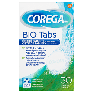 Corega Bio Tabs čisticí tablety 4v1 na zubní náhrady, 30 ks